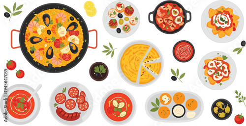 Spanish traditional food dishes collection top view including paella tapas soup sausage seafood and Mediterranean meals colorful flat vector illustration