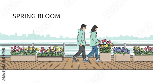 Couple walking by spring flowers on boardwalk with city skyline background