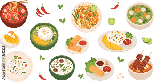 Asian traditional food dishes collection top view including noodles soup rice omelette skewers and spicy meals colorful flat vector illustration
