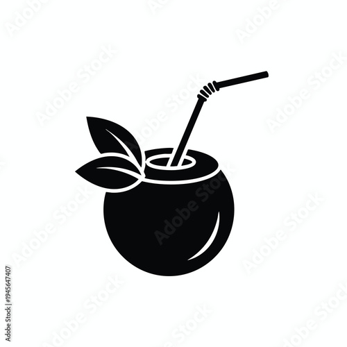 Black silhouette of a halved coconut with straw and leaves