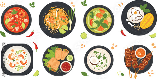 Asian cuisine dishes collection top view with noodles soup spring rolls grilled skewers rice and seafood colorful flat vector illustration isolated background