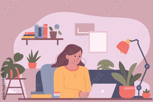 A woman working on her laptop at a desk with plants and books