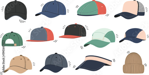 Baseball caps and hats collection set with snapback trucker visor and beanie casual headwear fashion accessories flat vector illustration