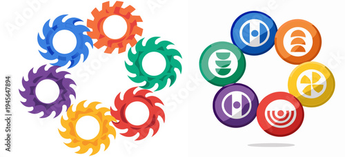 A colorful vector graphic of spinning wheels and icons in a circular arrangement