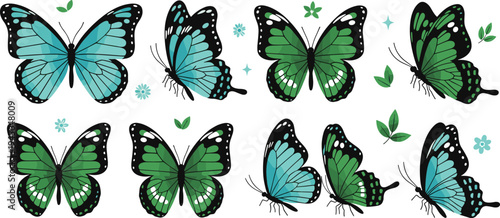 Tropical butterfly collection set with green and blue butterflies detailed wings flying insects nature wildlife decorative flat vector illustration