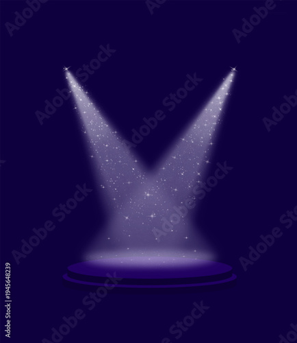 Spotlighting, magical lighting with starlight, theatre stage lighting, concert hall lighting, show on a dark blue background. Isolated lighting. Vector illustration.
