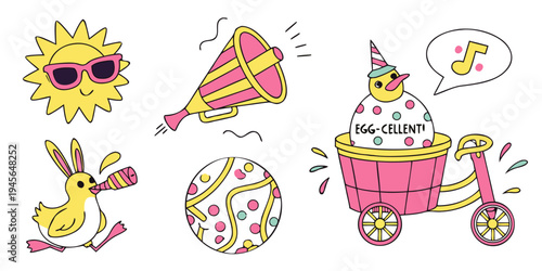 A colorful Easter-themed vector graphic illustration featuring a happy chick, bunny, and egg in a festive design
