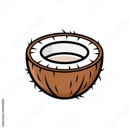 A detailed illustration of a halved coconut with a brown, hairy exterior and white flesh