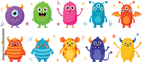 Cute colorful cartoon monster characters set funny fantasy creatures collection for kids design mascots stickers and children book flat vector illustration