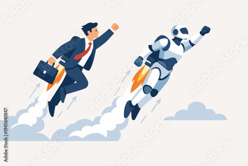 Businessman and Robot Flying Together with Jetpacks, Concept of Human and Artificial Intelligence Collaboration, Business Growth, Innovation, Technology, and Future Success Flat Vector Illustration.