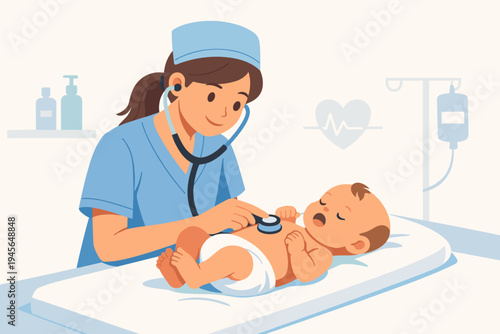 Female nurse in blue scrubs using a stethoscope to examine a newborn baby on a medical table in a clinic. Professional pediatric healthcare checkup and infant wellness. Flat vector illustration.
