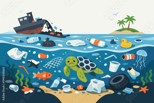 Environmental ocean pollution vector illustration showing a ship dumping waste into the sea filled with plastic trash, bottles, and a tire, with a sad sea turtle trapped in a plastic ring.