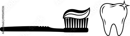 Solid black silhouette of a toothbrush with toothpaste and a clean tooth, minimalist dental hygiene and oral healthcare vector illustration.