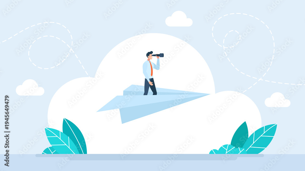 Obraz premium Businessman standing on a paper plane looking through binoculars to the future, concept of business vision, strategic planning and searching for new opportunities in flat style illustration.