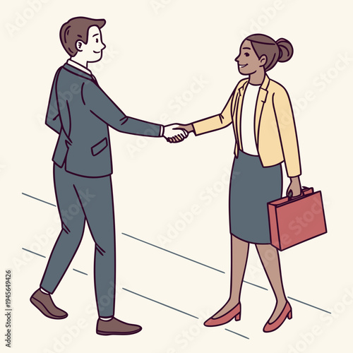 A man and woman shaking hands in a business setting