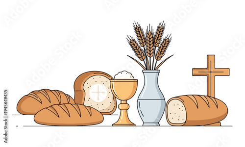 First Holy Communion Religious Symbols with Bread and Wheat