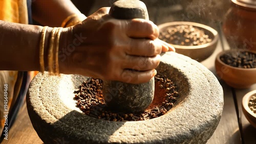 Woman grinding spices in stone mortar and pestle close up