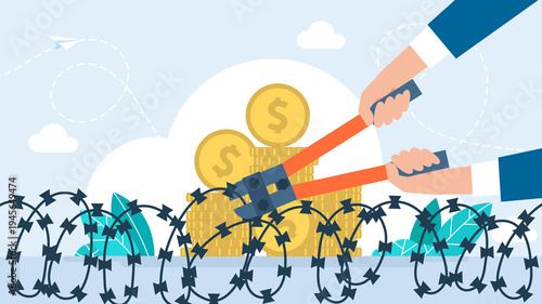 Photos Hands cutting barbed wire with bolt cutters to reach gold dollar coins, concept of breaking financial barriers, overcoming sanctions and economic freedom in flat style