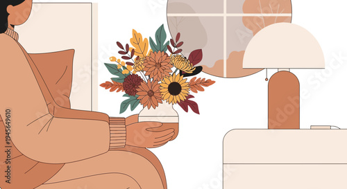 Cozy Autumn Scene: Person Holding Fall Flower Bouquet by Window and Lamp
