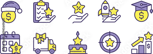 Illustrations of various icons representing financial and milestone achievements
