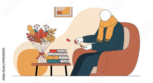 Cozy Autumn Scene: Person in Armchair with Book Stack and Fall Bouquet