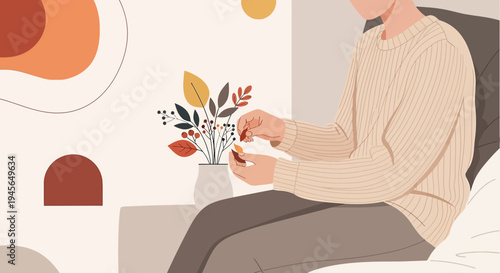 Cozy Autumn Scene: Person in Sweater Arranging Fall Flowers Indoors