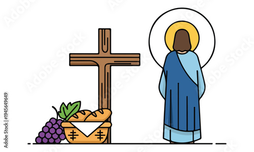 Jesus Christ with Cross Bread and Grapes Illustration