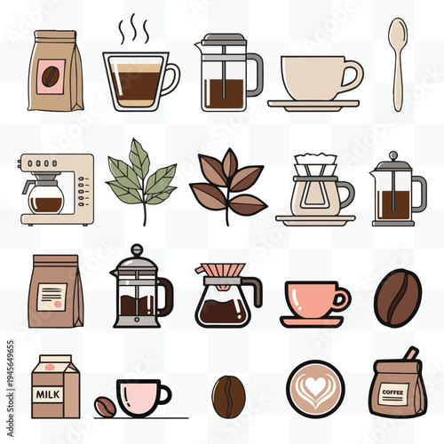 Minimal icon set featuring 20 colored vector beverage elements in flat design style. This modern collection includes cups, espresso drinks, takeaway cups, beans, moka pot, french press, and barista to