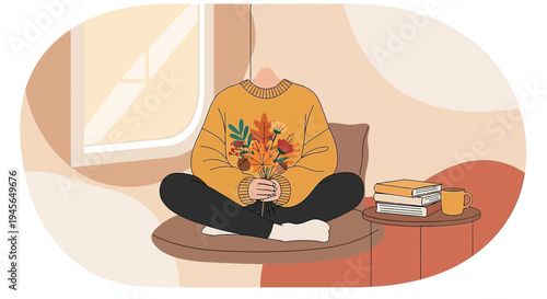 Cozy Autumn Scene: Person in Sweater Holding Fall Bouquet, Reading Books