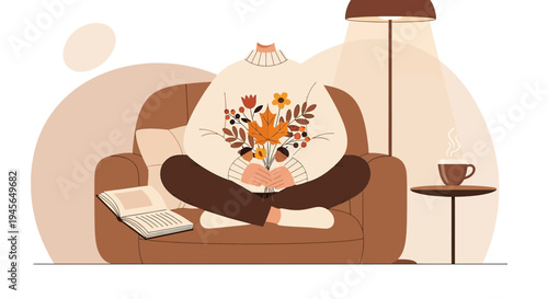 Cozy Autumn Scene: Person in Sweater Relaxing Indoors with Flowers