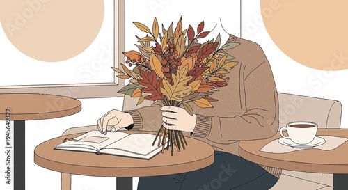 Cozy Autumn Cafe Scene: Person Reading with Fall Bouquet and Coffee