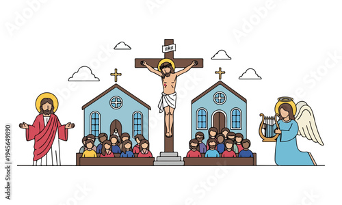 Christian Religious Illustration Set with Jesus Crucifixion and Church