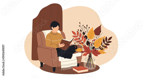 Cozy Autumn Reading: Man Sitting in Armchair with Fall Flowers