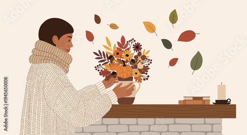 Cozy Autumn Scene: Person Arranging Fall Flowers by Fireplace