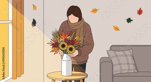 Cozy Autumn Scene: Person Arranging Fall Flowers Indoors