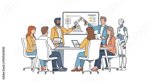 Diverse team collaborating on a project with a robot, fostering innovation and teamwork.