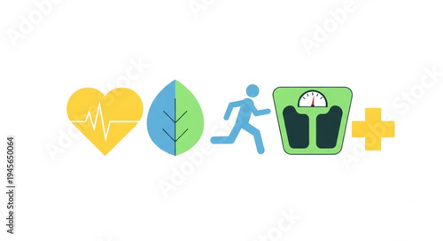 Healthy Lifestyle Icons - Heart, Leaf, Exercise, Weight Scale, and Plus Sign.