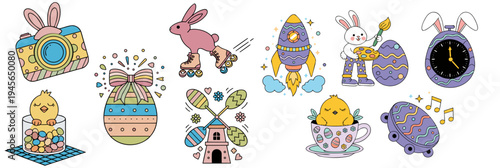 A colorful Easter-themed vector graphic illustration featuring various icons and symbols
