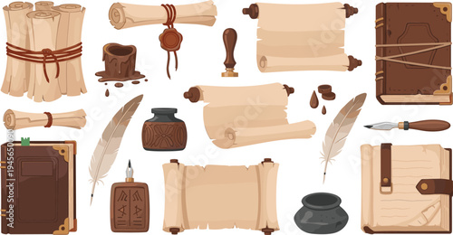 Set of ancient writing stationery vector illustrations featuring parchment scrolls leather journals quill feathers inkwells and wax seals for historical fantasy and literary themed design