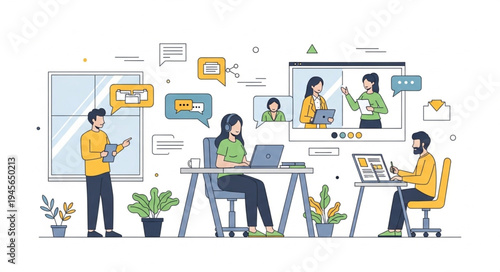 Team Collaboration and Remote Work in a Modern Office Setting.