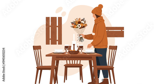 Cozy Autumn Scene: Person Arranging Flowers on a Wooden Table Setting