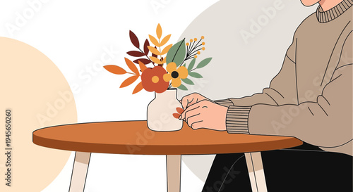 Cozy Autumn Scene: Person by Table with Fall Flower Bouquet Illustration