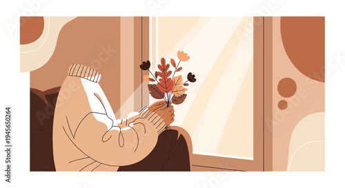Cozy Autumn Scene: Person Holding Bouquet by Window with Sunbeams