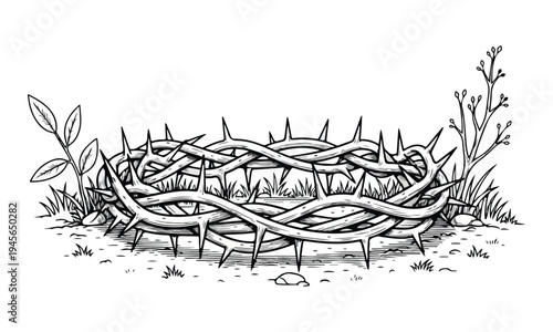 Hand drawn religious crown of thorns on the ground illustration