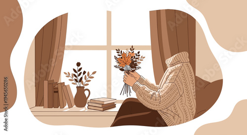 Cozy Autumn Scene: Person Holding Bouquet by Window, Books, Warm Tones