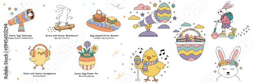 A colorful Easter-themed vector graphic illustration featuring cartoon animals and festive decorations