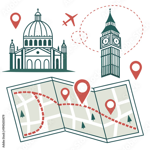 A map with a route and famous landmarks