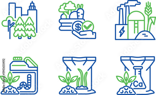 Six icons representing sustainable development and environmental conservation themes
