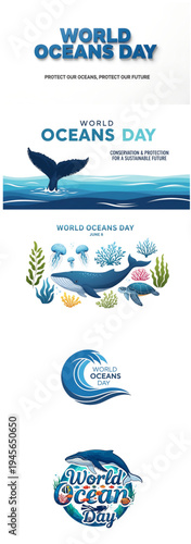 A collection of logos for world ocean day with various sea creatures and environmental themes.