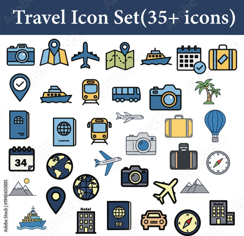 Modern colorful flat travel icon collection featuring tourism and vacation themed symbols. Perfect for travel websites, booking apps, holiday promotions, maps, guides, and tourism marketing materials.